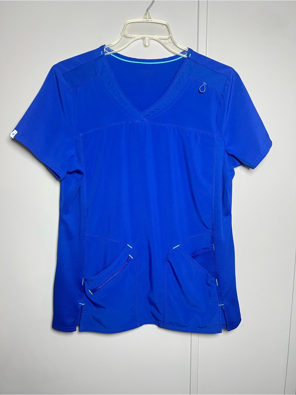 Scrubstar Women’s Electric Blue Stretch Scrub Top Zip Pocket V-Neck Large Nurse